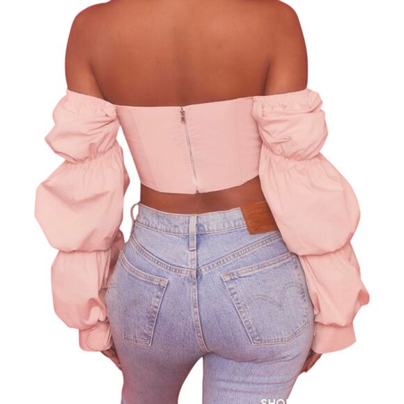 Oh Polly Blush Pink Bustier Corset Off Shoulder Long Sleeve Blouse Crop 2 NEW - Picture 5 of 7